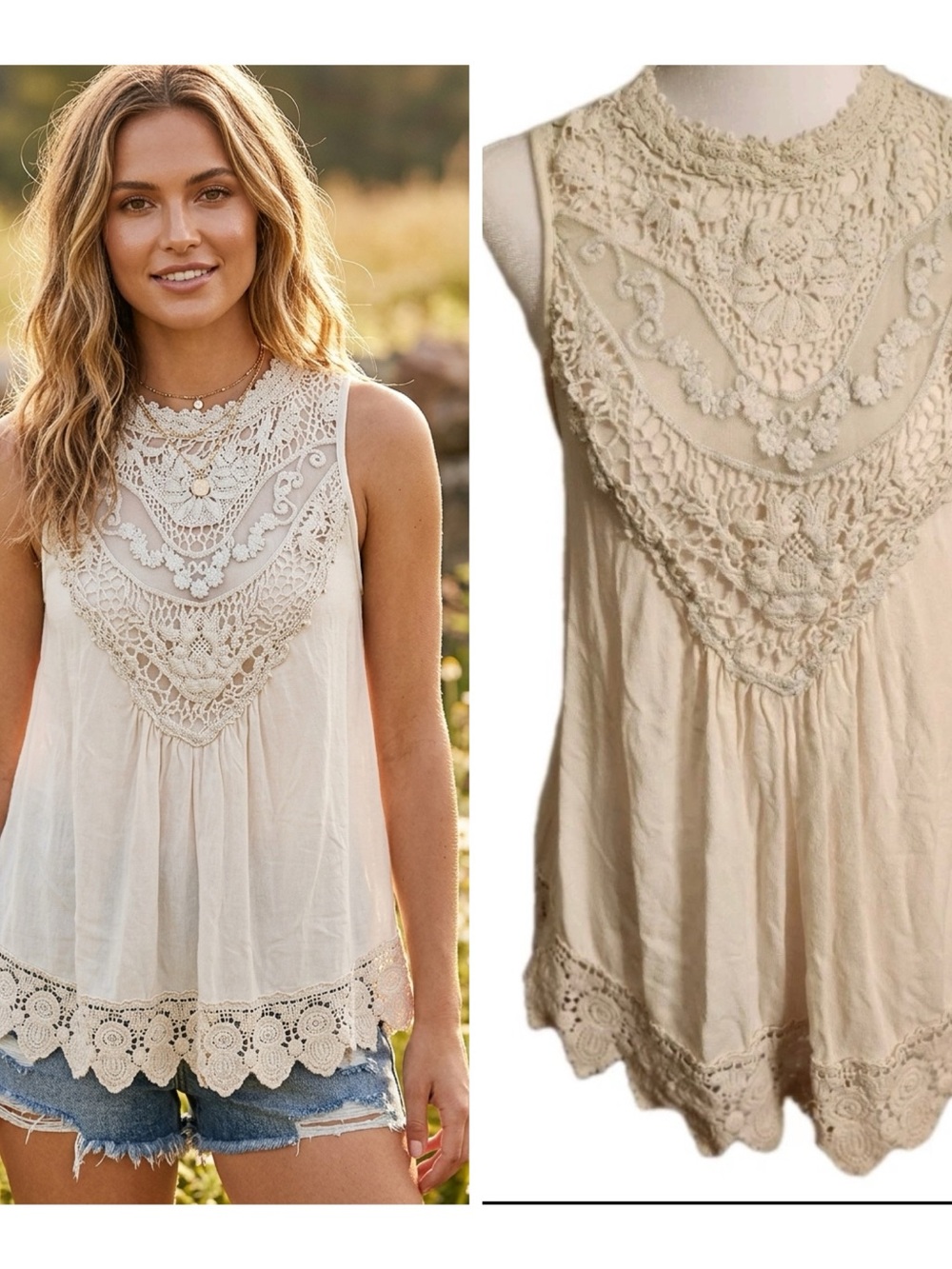 Vintage 90s Boho Shirt Tank Sleeveless Romantic Prairie Crochet Eyelet Size S